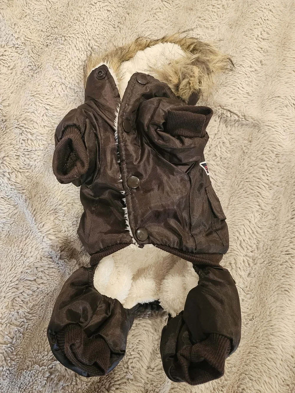 Kids Brown Hooded Flight-Style Jacket with Patches